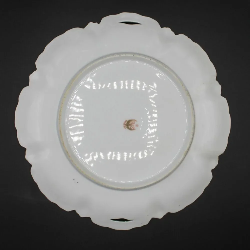 Antique RS Prussian Cake Plate Porcelain Iridescent Green Floral Open Handles